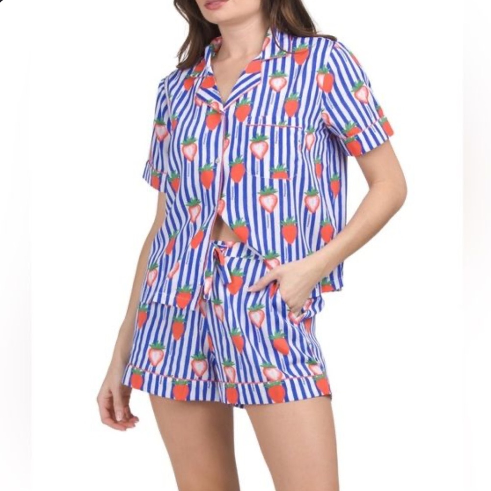 Bouffants and Broken Hearts Strawberry Striped Short Sleeves Pajama Set Size S